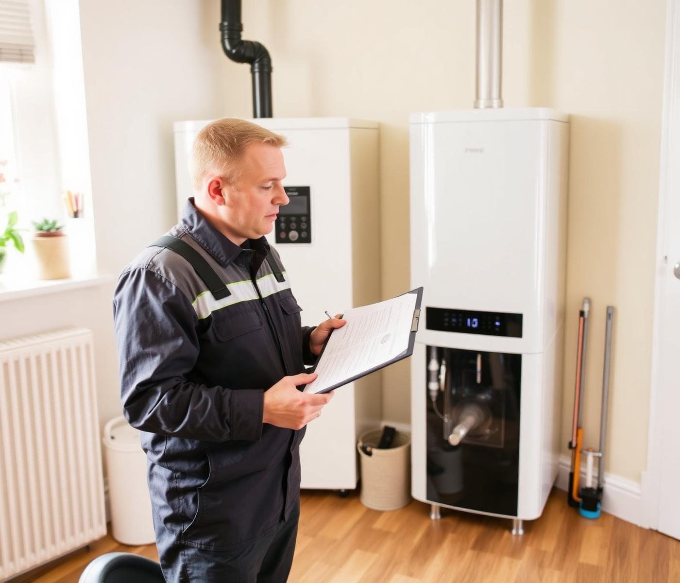 Heating engineer discussing boiler options with a homeowner